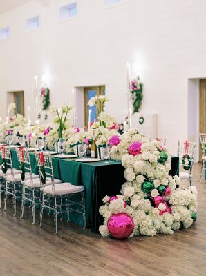 Long Tables With Floral Christmas Cascading Runner With Ornaments