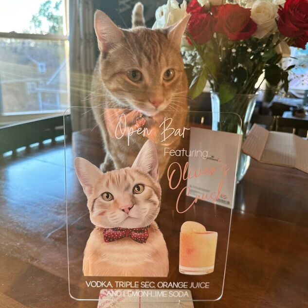 Custom open bar acrylic sign with cat's face and cocktail ingredients for wedding