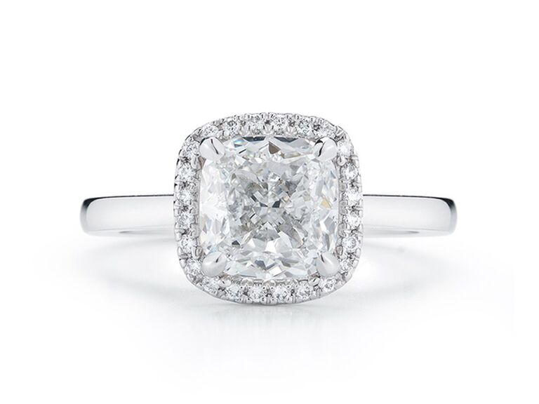 dana rebecca designs diamond cushion cut engagement ring with round diamond halo and plain silver band