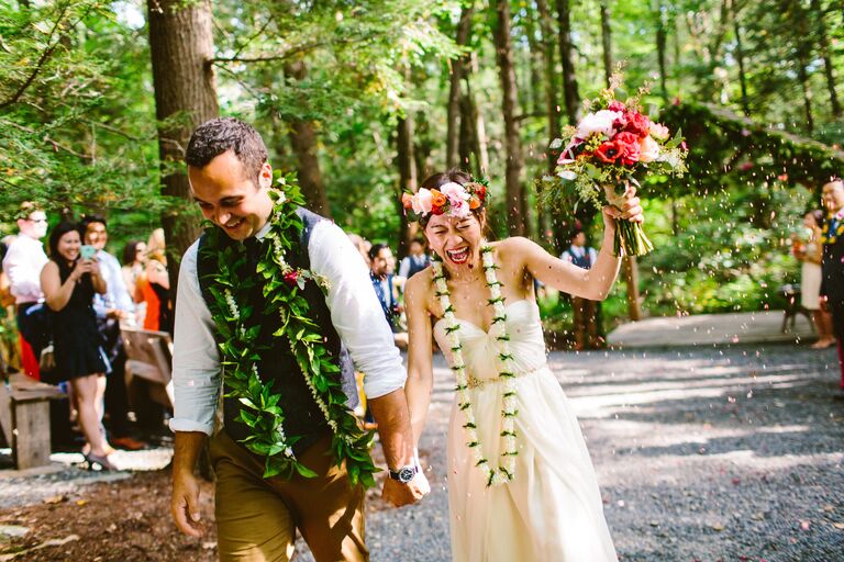 couple laughing casual forest natural wedding