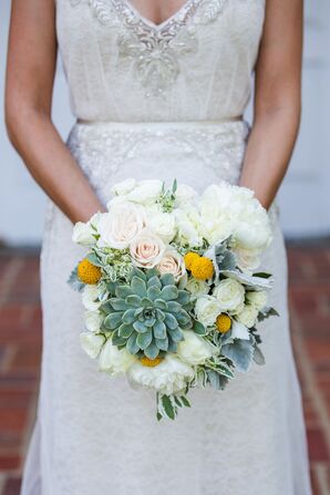 White Rose, Succulent and Craspedia Bouquet