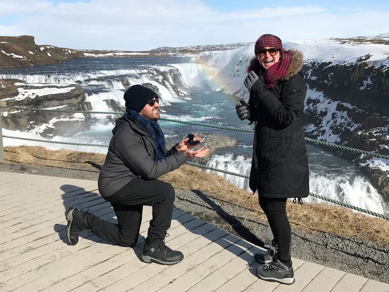 proposal with snowy mountain backdrop