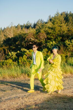 Couple in Neon Green Chartreuse Outfits at California Wedding