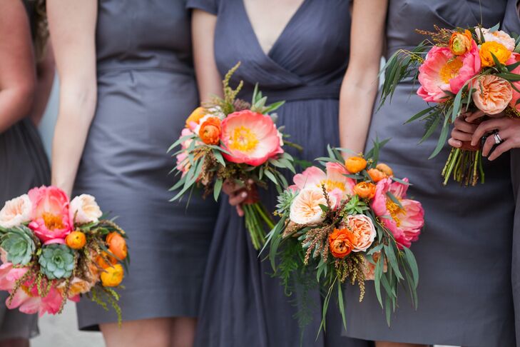 The bridesmaid bouquets echoed Molly's bouquet. They carried peonies, garden roses, ranunculus, succulents, astilbes and lots of greenery. The combination of pink, orange and green set the tone for the funky, colorful wedding.