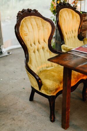 Sweetheart Table Set with Antique Wood Chairs with Gold Upholstery
