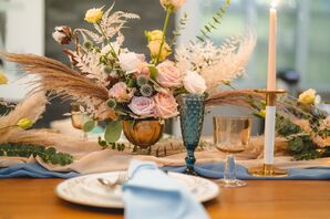 Boho Centerpiece With Ruscus, Pampas Grass and Yellow Ranunculus