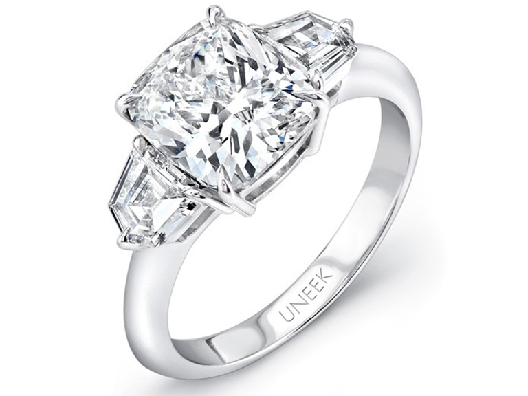 Uneek contemporary cushion-center three-stone engagement ring in platinum