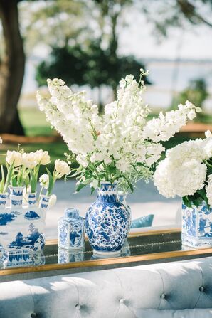 Blue and White Ginger Jars With White Flowers