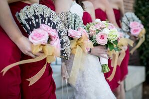 Red Bridesmaid Dresses With Spanish Fans and Roses