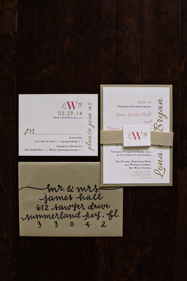 Beacon Lane created gold, white and pink wedding invitations complete with metallic envelopes and a monogrammed gold ribbon. Manayunk Calligraphy addressed the outer envelops in a very funky style of modern calligraphy.