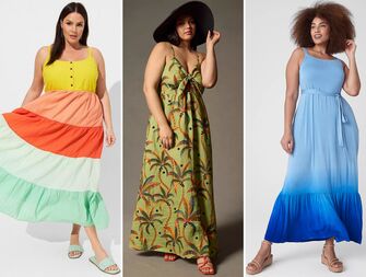 Collage of plus-size summer wedding guest dresses. 