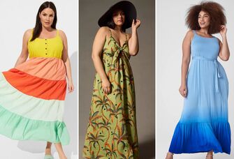 Collage of plus-size summer wedding guest dresses. 