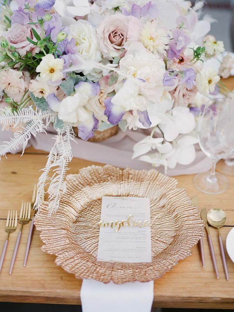 gold-and-purple place setting
