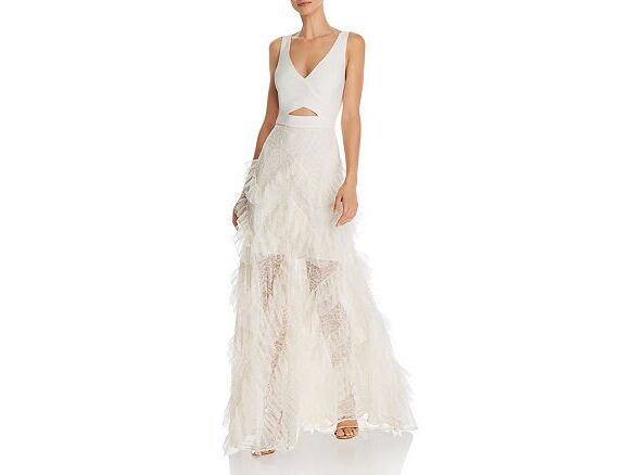 BCBGMAXAZRIA ruffled skirt cutout gown