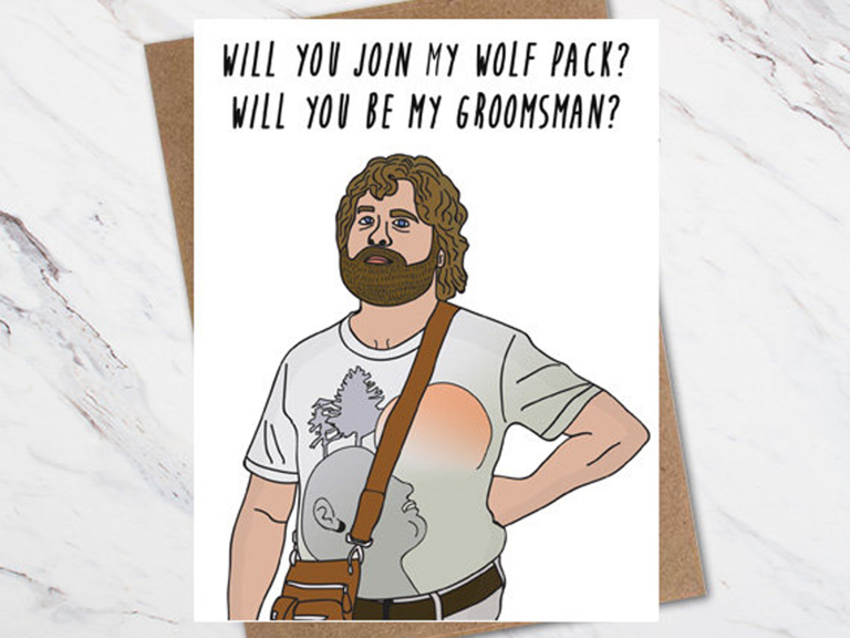 Will You Join My Wolf Pack? groomsman card with illustration of Alan from The Hangover