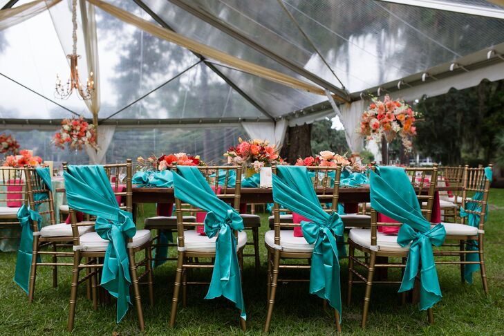 Turquoise-Tied Ribbon Chiavari Chair Decor