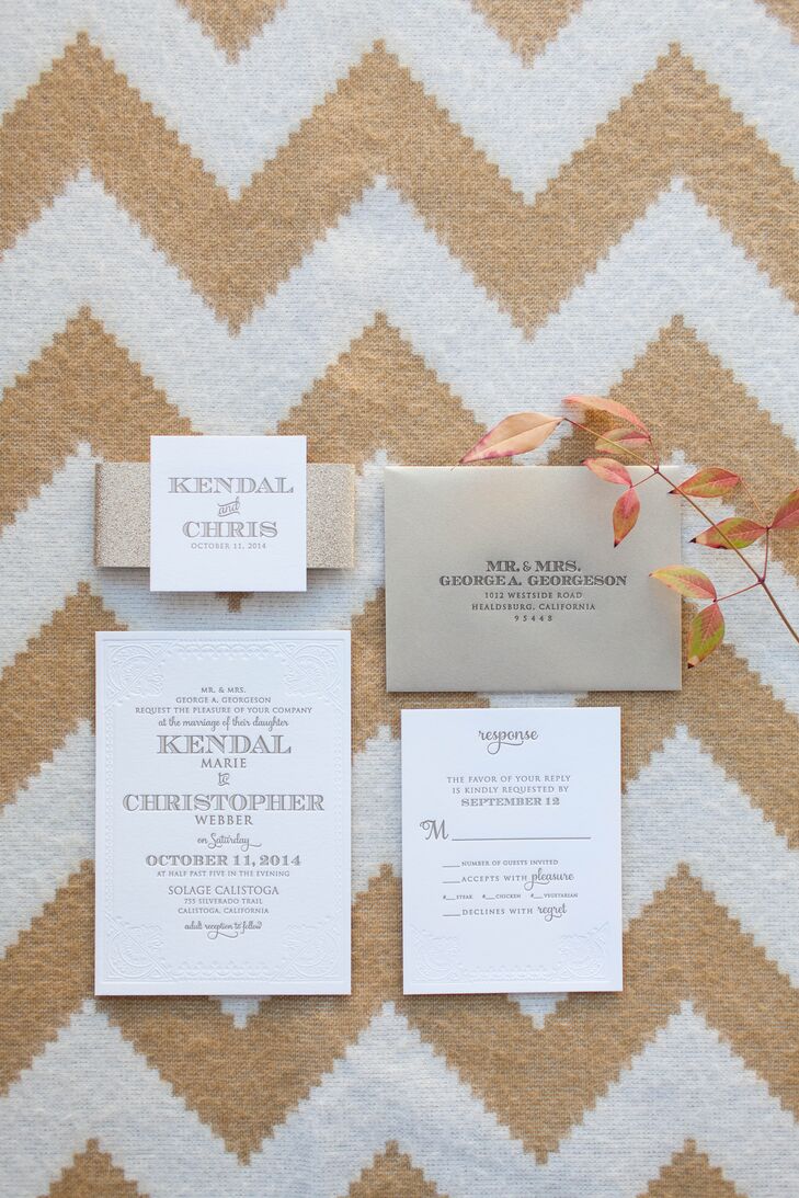 For the invitations and menus, Kendal and Christopher chose a letterpress print for a classic yet modern look. They used an ivory paper stock with an intricate lace design that was wrapped with gold sparkle belly band. The envelope was gold with a matching glittery lining.