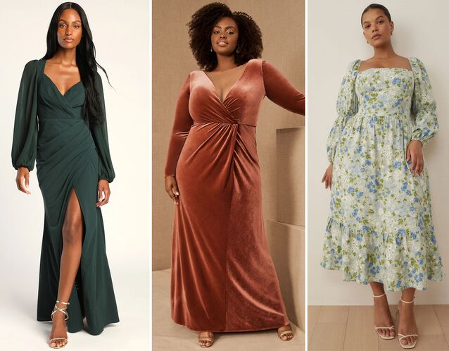 collage of three long-sleeve bridesmaid dresses for weddings