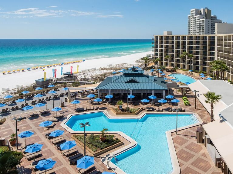 Aerial view of pool deck and beach at Hilton's sandestin beach resort