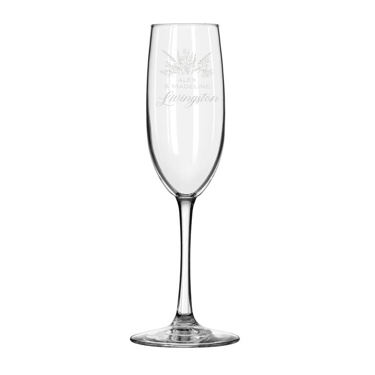 personalized champagne flute with etched names and wildflowers