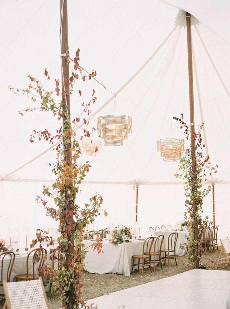 Tented wedding reception with foliage and chandelier decorations