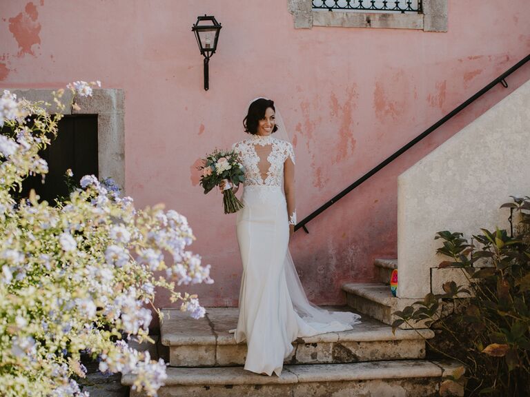 Bride walking down the aisle at wedding ceremony