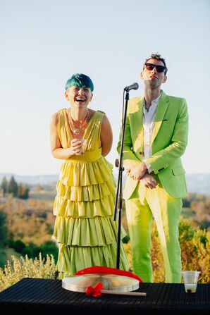 Couple in Neon Charteuse Outfits at Wedding Welcome Party