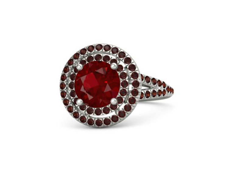 Round ruby center stone with ruby double halo and band