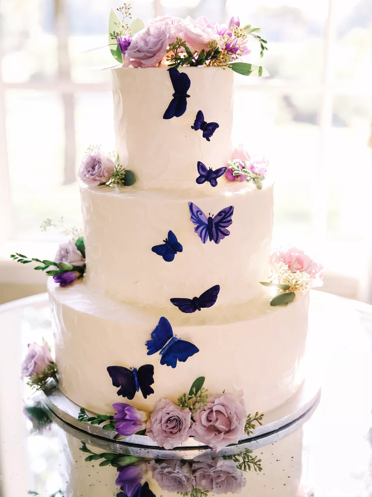 Three tier butterfly cake, purple and white wedding cake ideas