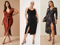 collage of three wedding guest cocktail dresses 