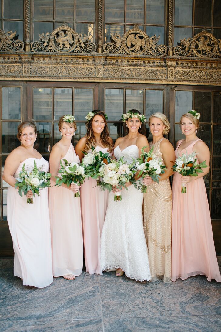 Claire wanted her five bridesmaids to wear dresses that made them feel comfortable and beautiful as well as fit their budgets. She told them to choose floor-length blush dresses. Her maid of honor, Katy, stood out from the group in a gold gown of her choice. "My girls absolutely delivered on the vision that I had for them," Claire says. "I never saw all the dresses together until the day of the wedding, but they hit it out of the park from a collaborative standpoint. The blushes all went together so well, and Katy’s dress ended up being a slight rose gold and really tied everything together."
