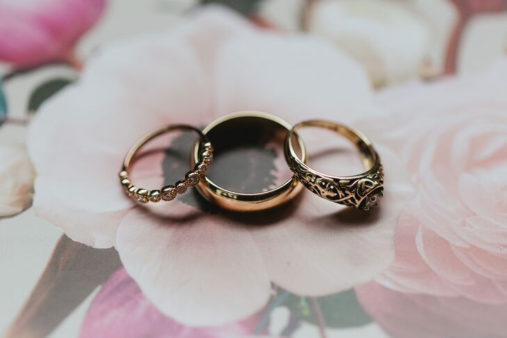 Vintage-Inspired Gold Engagement Ring and Wedding Bands