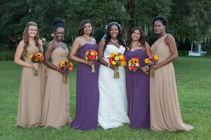 Purple and Tan Maxi Bridesmaid Dresses