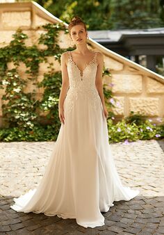 Straight Neckline Crepe Bridal Gown with Cutout Lace Train Moonlight Tango  T964