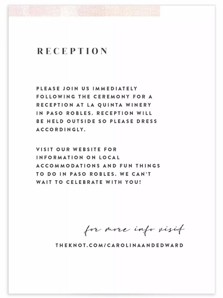 'Reception' and event details in minimalist black type with pink border detail at top on blush background
