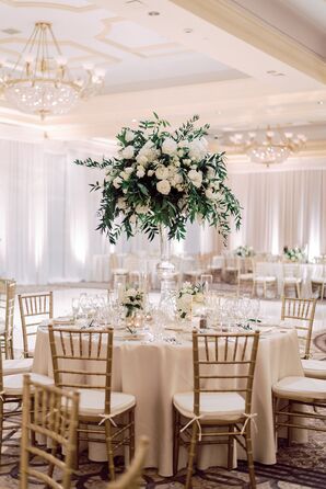 Tall Centerpiece with Greenery, White Roses and Peonies