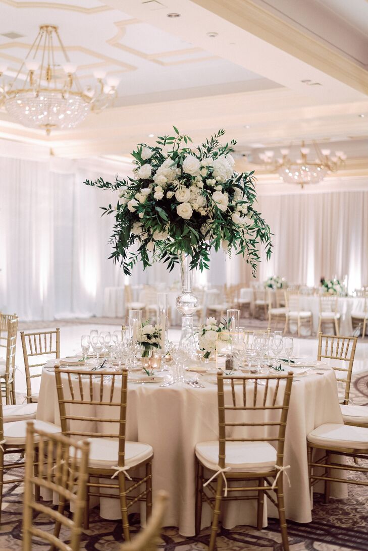 Tall Centerpiece with Greenery, White Roses and Peonies
