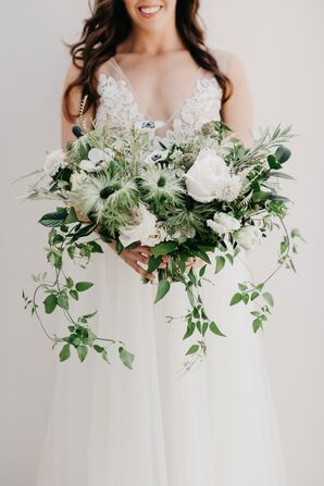 Loose, Organic Bouquet of Anemones, Roses, Thistle and Jasmine Vines