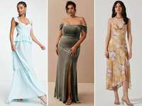 collage of three spring wedding guest dresses