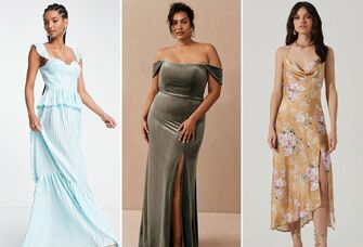 collage of three spring wedding guest dresses