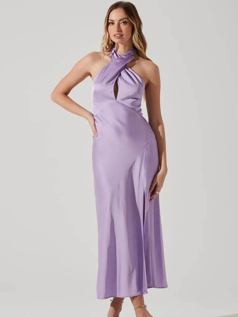 Lavender satin halter neck midi bridesmaid dress