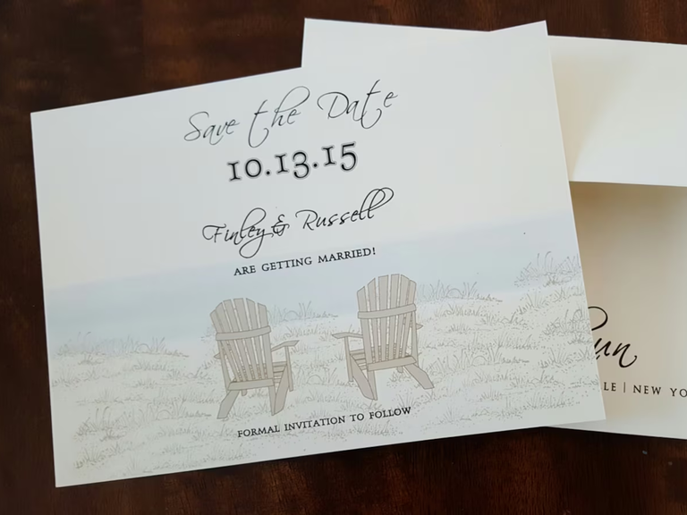 Relaxing Adirondack chair-themed save-the-date card