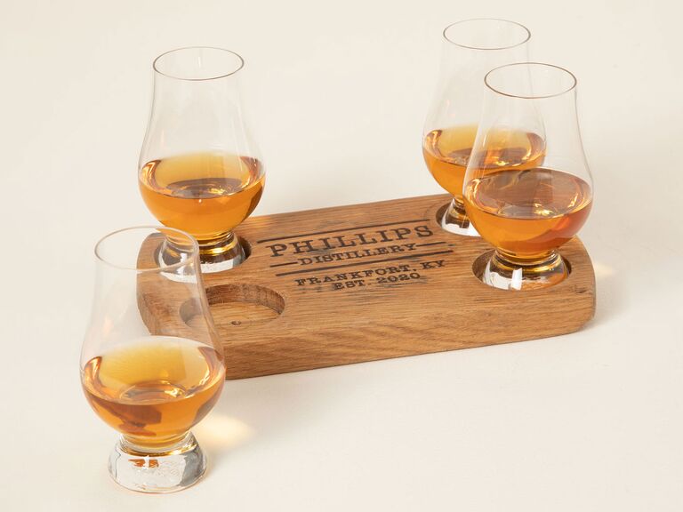 Personalized bourbon flight board and glasses father-of-the-groom gift