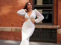 crochet maxi dress with long sleeves and side cutouts