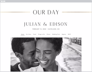 A website with a white background, “our day” in elegant black capital letters and a photo of a smiling couple.
