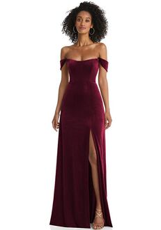 Dessy Group Off-the-Shoulder Flounce Sleeve Velvet Maxi Dress - 1551 Sweetheart Bridesmaid Dress