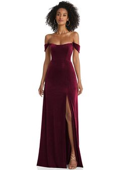 Dessy Group Off-the-Shoulder Flounce Sleeve Velvet Maxi Dress - 1551 Sweetheart Bridesmaid Dress