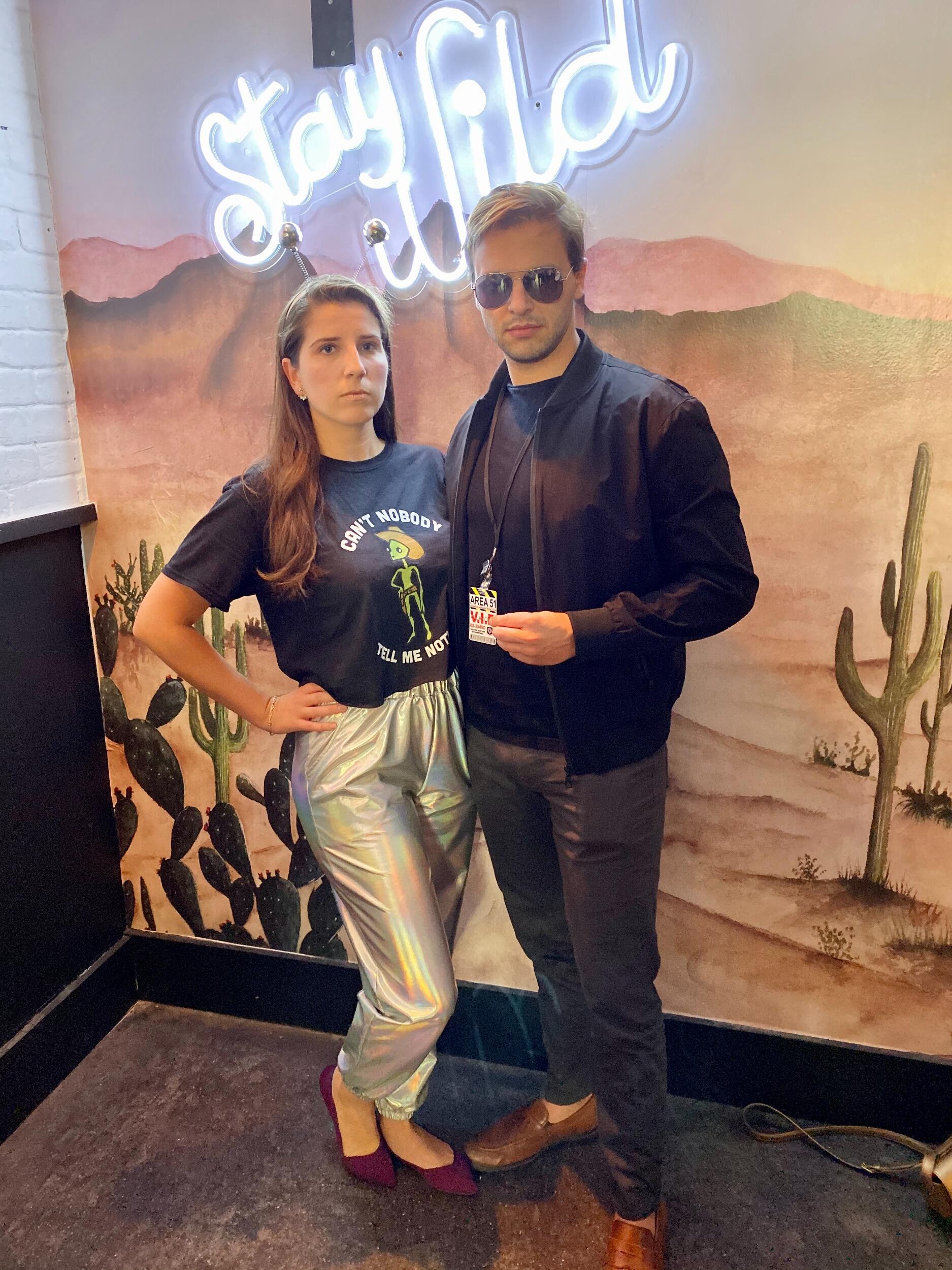 Channeling the 'Storm Area 51' event, Veronica went as an alien and Joe as an FBI agent for Halloween. 