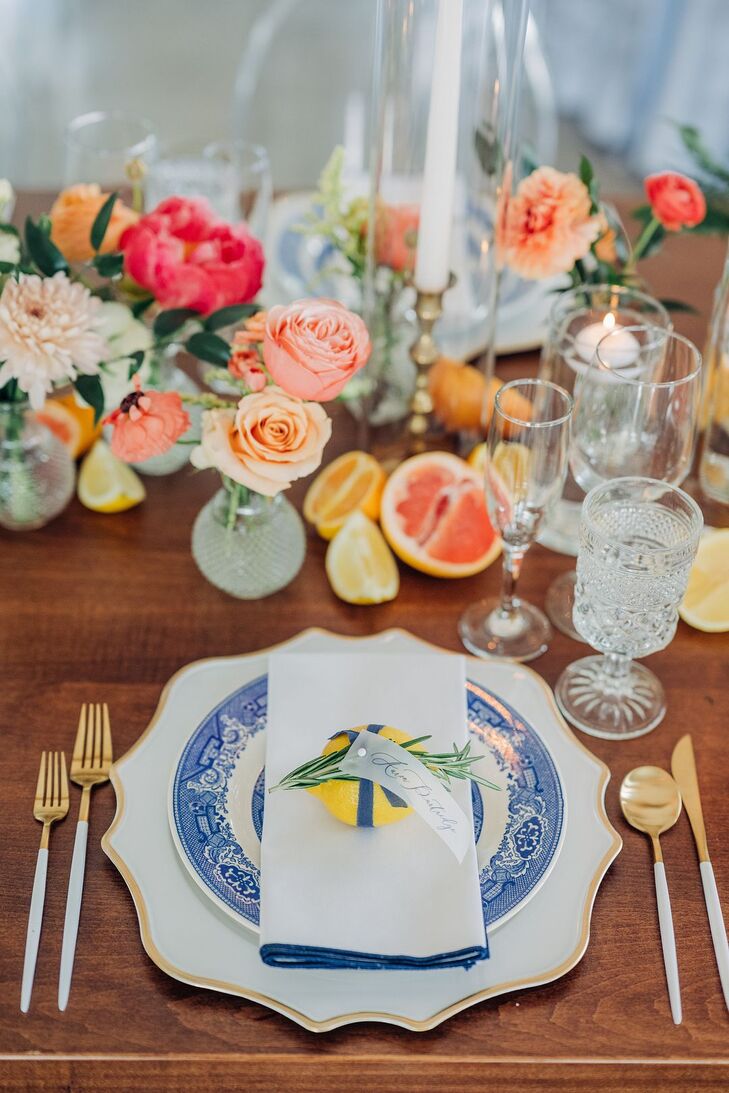 Colorful Reception Place Setting at Summer With Citrus Amalfi-Coast-Inspired Wedding