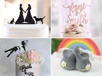 Collage of four bridal shower cake toppers